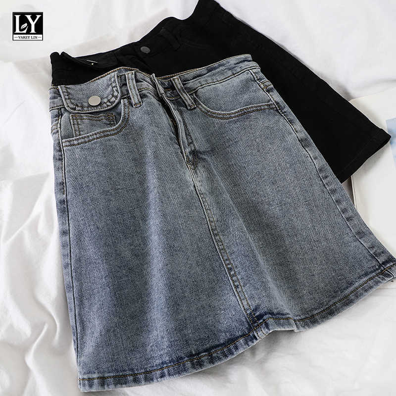 

LY VAREY LIN Summer Women Casual Solid Color High Waist Denim Mini Skirts Office Lady Button A-line Blue 210526