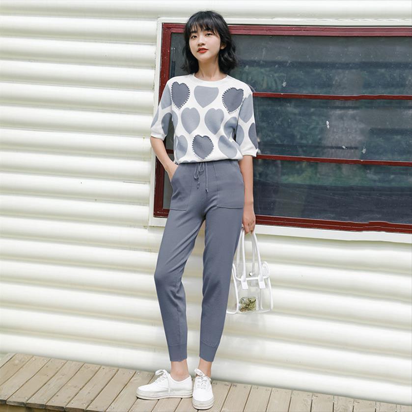 

love jacquard knit 2 womenpant piece set tracksuits short sleeve basic women pullover beaded sweater harem pants sporting suit female, White