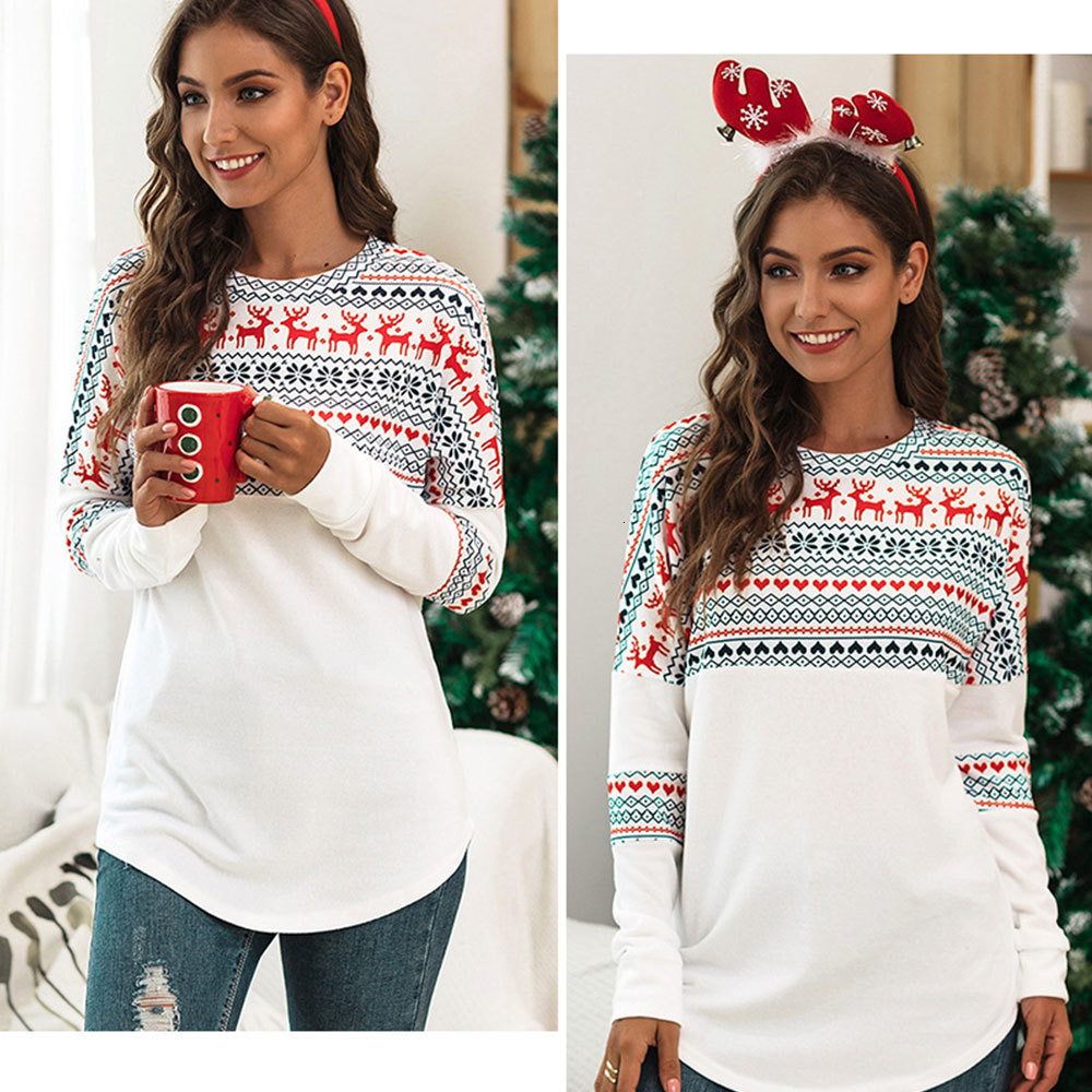 

2021 New Elk Christmas Printed Women T-shirt Long Sleeve O-neck Female Top Shirt Lady Clothes Holiday Casual Blouse Festival Outwear 69v4, As photo