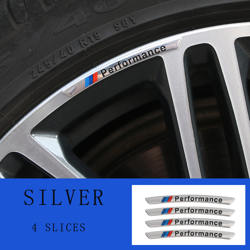 

4pcs Power Performance M Car Wheel Sticker For BMW E34 E36 E60 E90 E46 E39 E70 F10 F20 F30 X5 X6 X1 M3 M5 M6 E71 F01 F02 F87, Silver