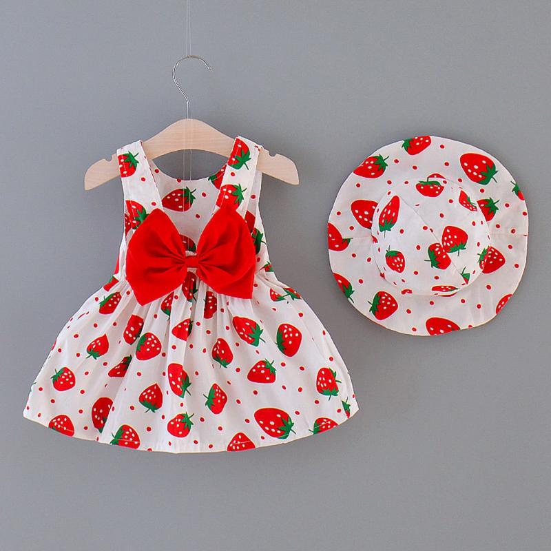 

Girl's Dresses Strawberry Print Summer Baby Girl Dress With Hat 2pcs Clothes Set Big Bow Born Infant Toddler Princess Party, Red