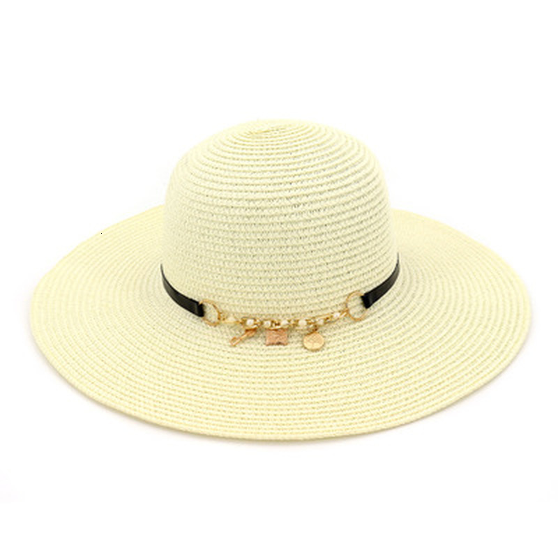 

2021 New Women Summer Outdoor Beach Travel Party Big Brim Solid with Band Chain Elegant Fascinator Sun Protective Straw Hat 8i3r, Camel