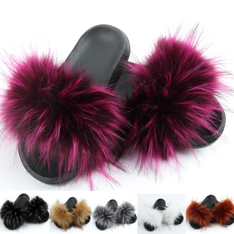 

Slippers SAGACE Fur Slides Furry Indoor Women Home Shoes Woman Fluffy Flat Sandals Summer Designer Brand 2021 Plus Size A1, Bw