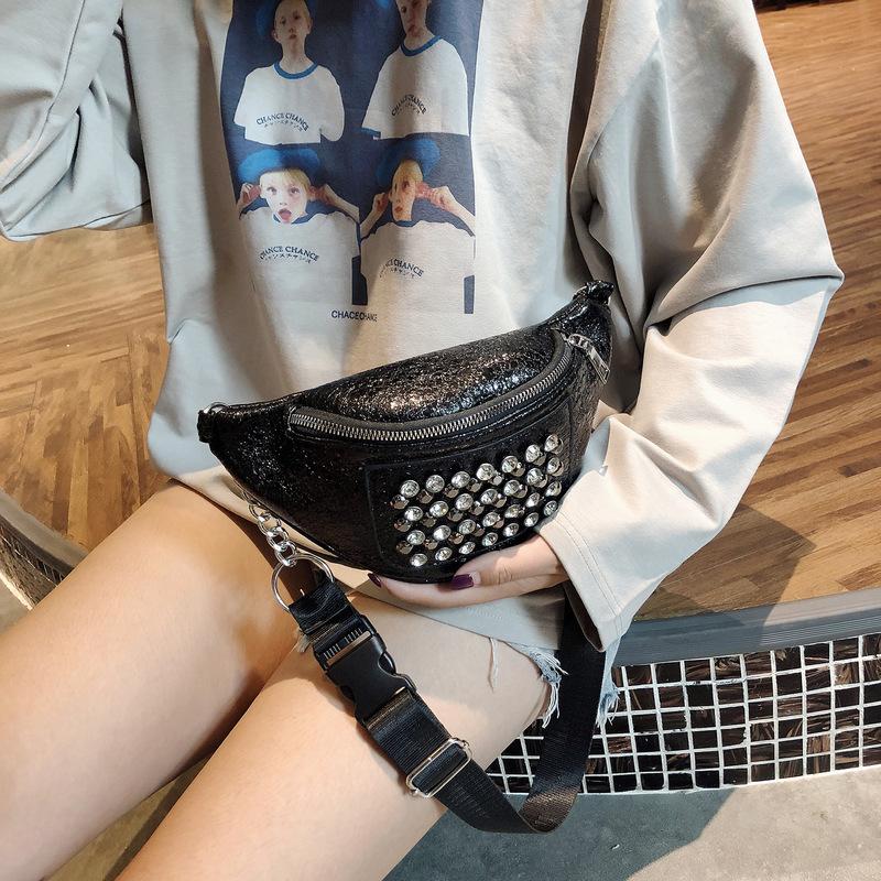 

2021 Designer Fanny Packs Personality Crystal Chest Bag Chain Shoulder Bags Women Cross Body Bag Small Leather Waist Belt Bags, Black