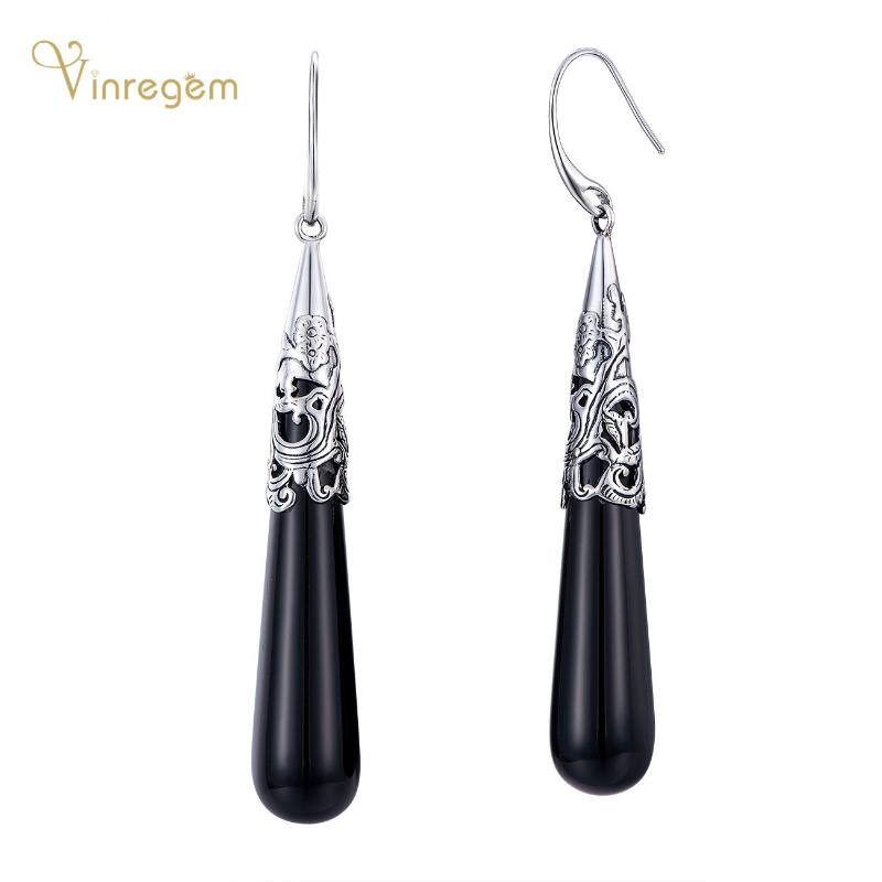 

Dangle & Chandelier Vinregem Vintage 100% 925 Sterling Silver Water Drop Black Agate Gemstone Wedding Engagement Earrings For Women Fine Jew