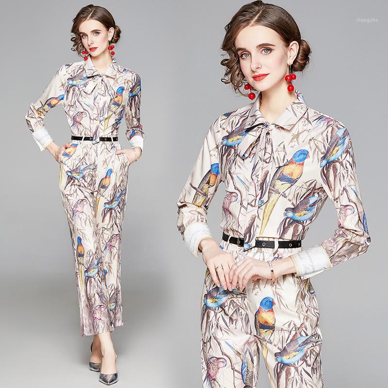 

Women's Tracksuits Two Piece Set Women Print Sets With Pants Vintage Shirts + Long Sleeve Blouses 2021Fall Fashion Woman Pieces, As pic