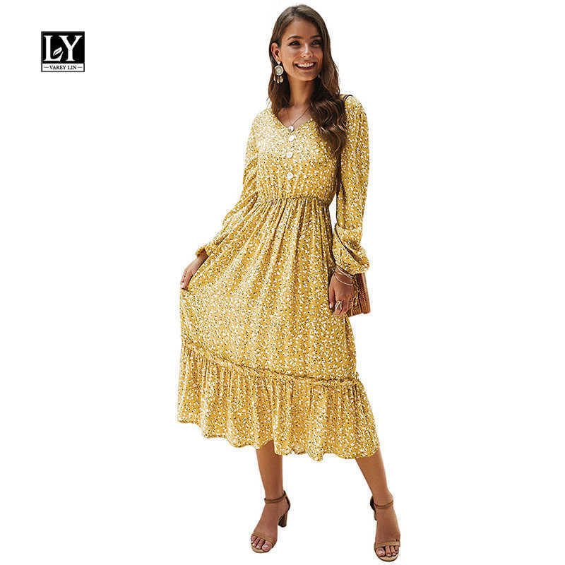 

LY VAREY LIN Spring Autumn Floral Print Dresses Women Elegant Long Sleeve V Neck Single Breasted High Waist Slim Dress 210526, Red
