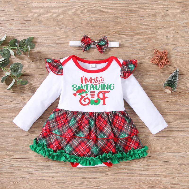 

Girl's Dresses Cute Baby Girls Christmas Outfits Letter Print Ruffle Long Sleeve Plaids Romper Dress With Bow Headband Infant Girl Xmas Suit, White