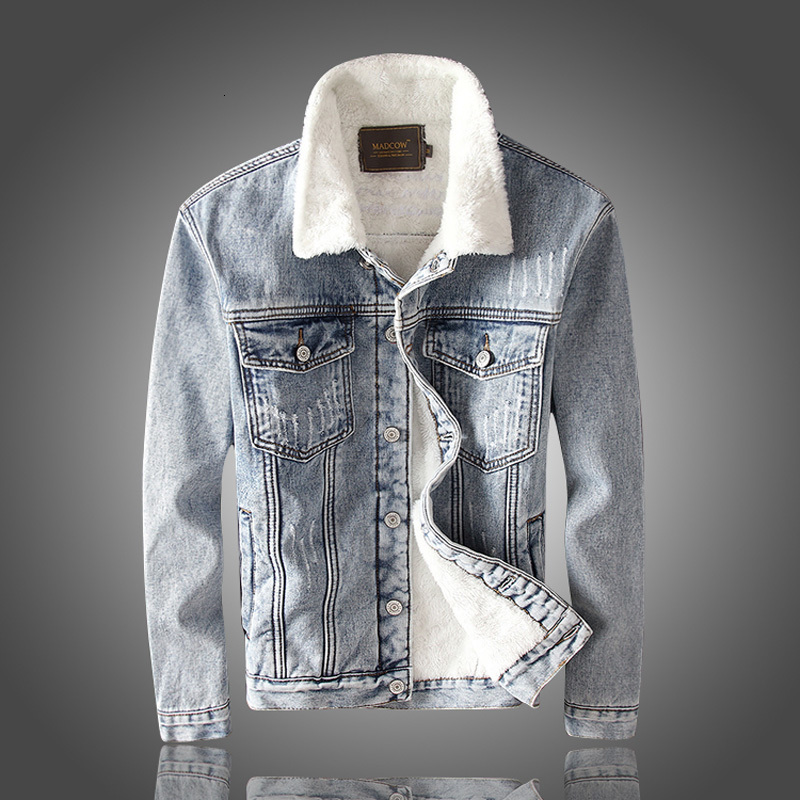

2021 New British Fashion Winter High Quality Thick Veet Denim Jacket Men Cotton Coats Lamb Cashmere Warm Bomber Jackets Glgw, Retro light blue