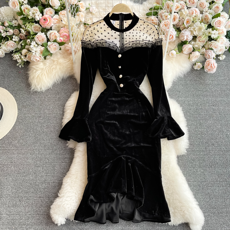 Autumn Women Black Mesh Patchwork Velvet Party Dress Elegant Stand Collar Flare Long Sleeve Ruffle Mermaid Robe Female 2022 New