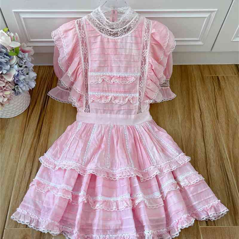 

Truevoker Runway Fashion Cottagecor Dress Lady Lace Collar Cute Pink Mujer Festa Vestido Women Back Hollow Out Prom Robe 210602