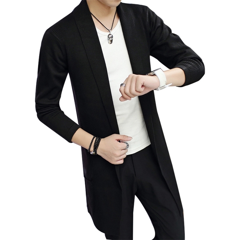 Autumn Winter Fashion Long Men's Knitted Cardigan Jacket Long-sleeved Solid Color Cardigan Long Cardigan Stretch Trendy Jacket 210809