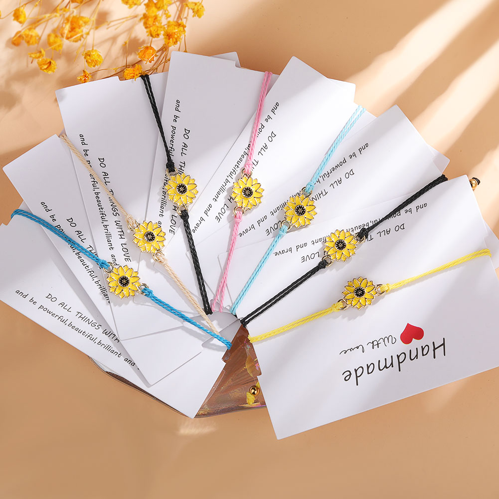 

Fashion Sunflower Charm Bracelet Handmade Braided Colorful Rope Chain Bangle for Women Couple Friendship Jewelry Gift With Wish Card Bracelets 2021