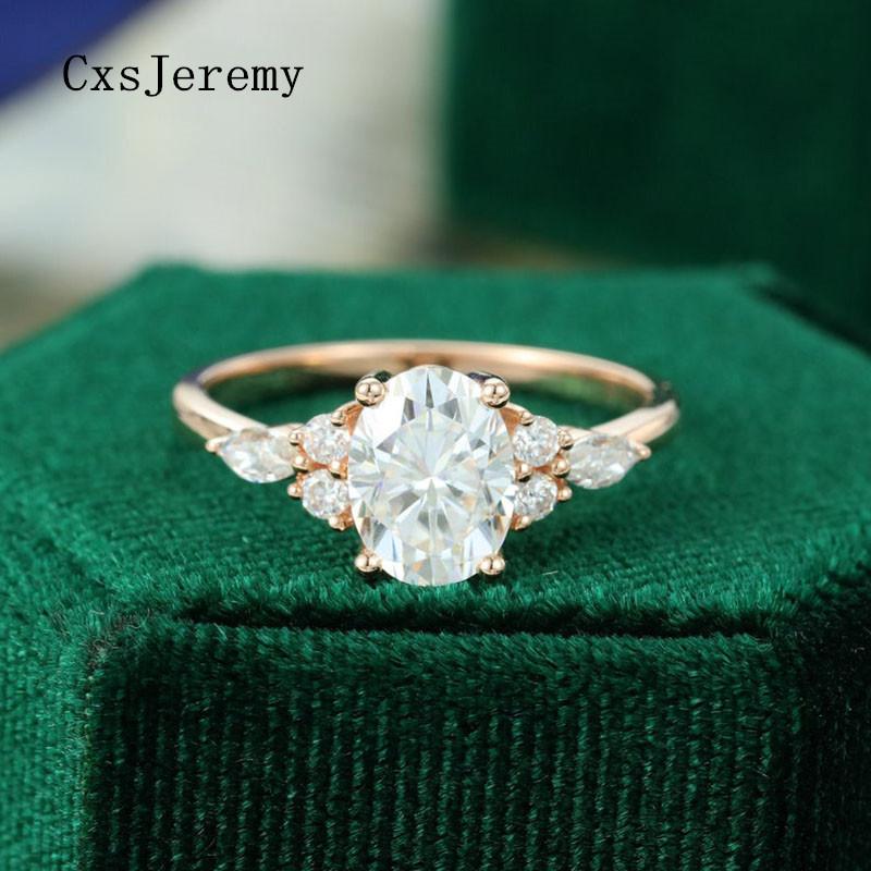 

Cluster Rings CxsJeremy 14K Rose Gold Moissanite Ring 6*8 1.5CT Oval Engagement Vintage Wedding BridalAnniversary, Golden;silver