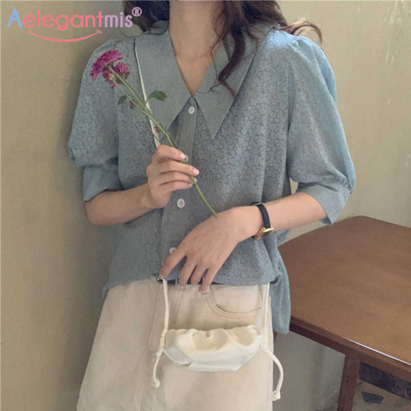 

Aelegantmis Printed Women Floral Short Blouses Loose Soft Female Sweet Shirts Oversized Print Tops Mujer Spring Korean Chic 210607, Sky blue