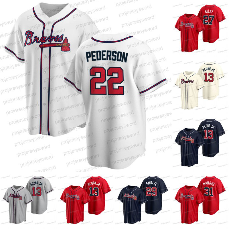 

Braves 22 Joc Pederson Jersey Atlanta Ronald Acuna Jr. Ozzie Albies Freddie Freeman Chipper Jones Austin Riley Dansby Swanson Cole Hamels Max Fried Baseball Jerseys, Mens retro blue