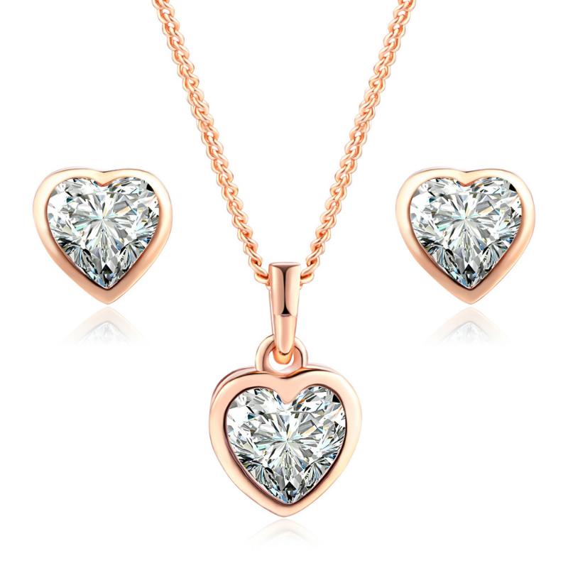 

Earrings & Necklace Exquisite Rose Gold Plated Heart Shape Zircon Pendant Earring Jewelry Set Crystal Valentine's Day Gift, Silver