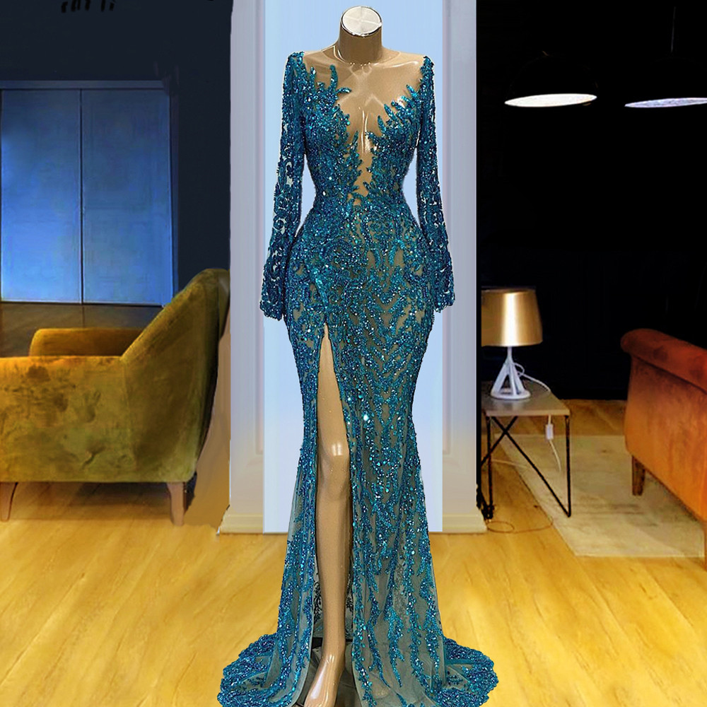 

Sparkly Mermaid Evening Dress 2022 Lace Sequin Long Sleeve Prom Gowns Sheer Neckline Beading Formal Dresses Vestidos De Novia, Purple