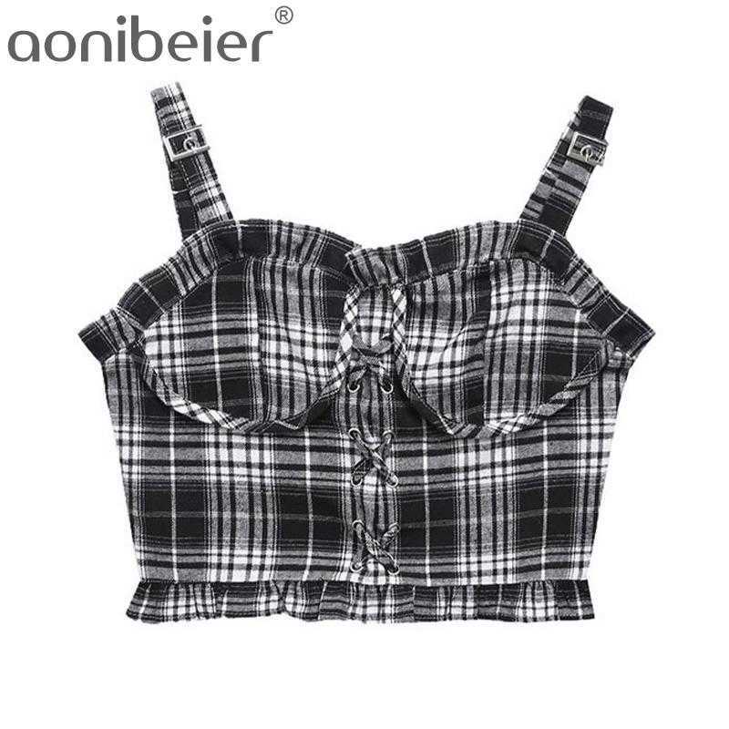 

Black White Plaid Camisole Corset Bustier Summer Fashion Buckle Straps Eyelet Lace-Up Ruffle Cami Crop Tops 210604