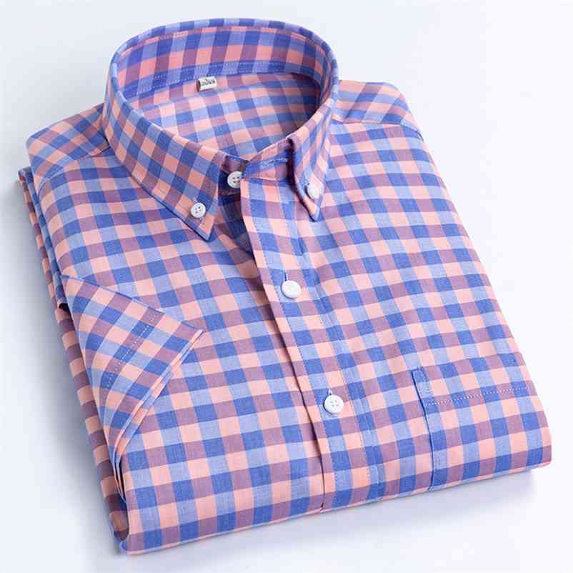 

Men's Casual Short-Sleeve Checkered Shirts Standard-fit Summer Thin Soft Quality 100% Cotton Button-down Plaid Striped Shirt 210708, F1017