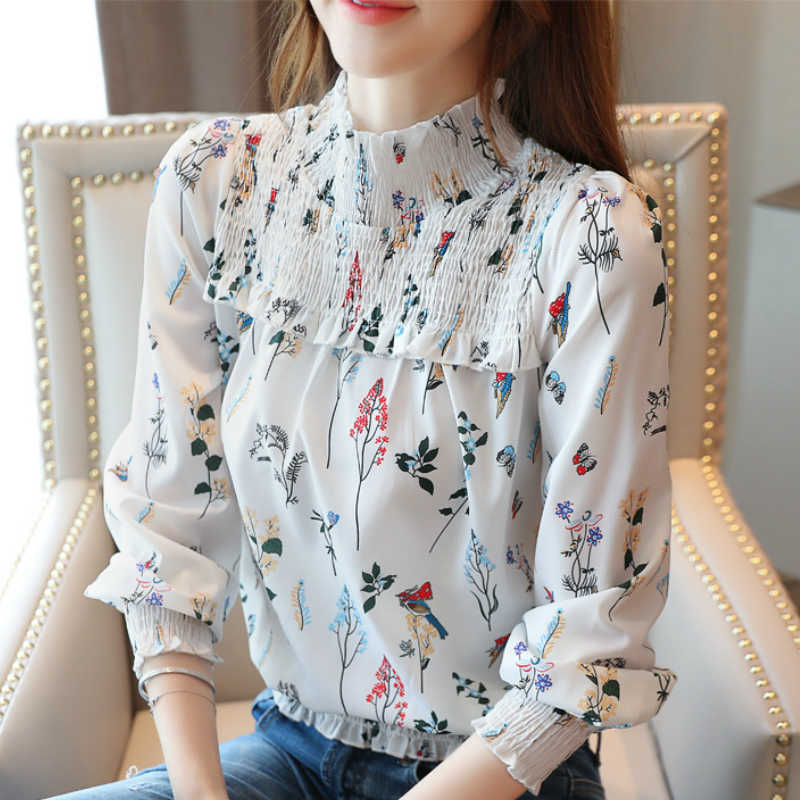 

Blusas Mujer De Moda Casual Ruffles Floral Print Chiffon Blouse Long Sleeve Women Shirts Blusa Feminina Women Tops B948 210602, White