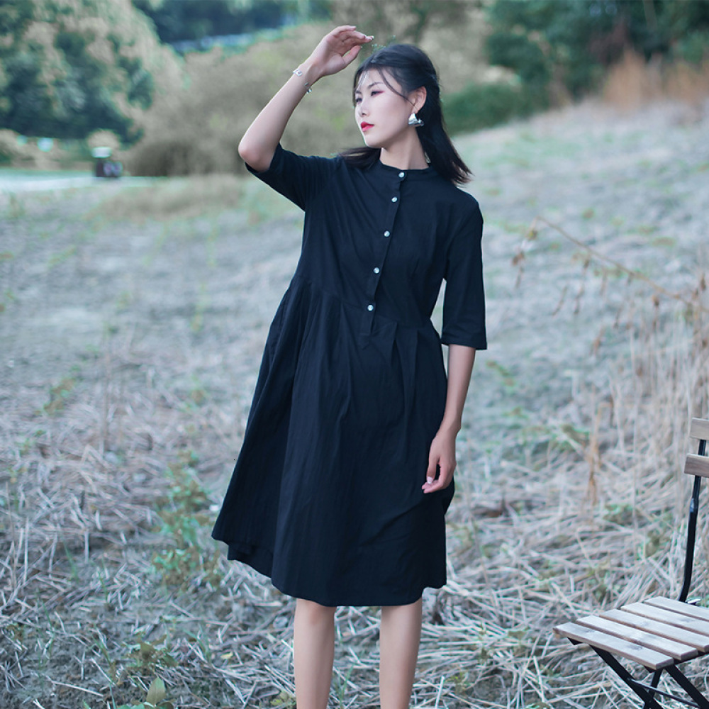 

Literary Style Womens Cotton Linen 2021 Autumn Stand Collar Single Breasted Color Elegant Dress I8w9, Black