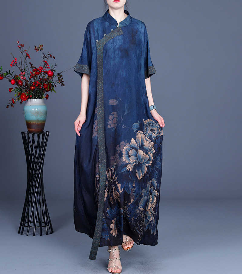 

Summer Fashion Casual Comfortable Loose Irregular Dress Elegant Retro Printing Stitching Stand Collar Female 210615, Blue