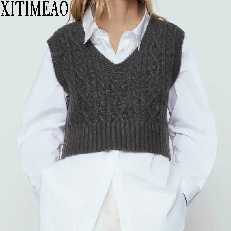 

ZA Women Fashion Knitted Vest Sweater V-neck Sleeveless Solid Color Loose Female Waistcoat Chic Tops XITIMEAO 210604, Dark grey