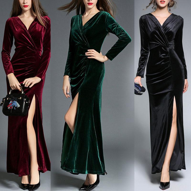 

Party Dresses 2021 Autumn Winter Style Elegant Pleated Split Floor Graduation Fashion Velvet Retro Sexy V Neck Evening Robe, Black