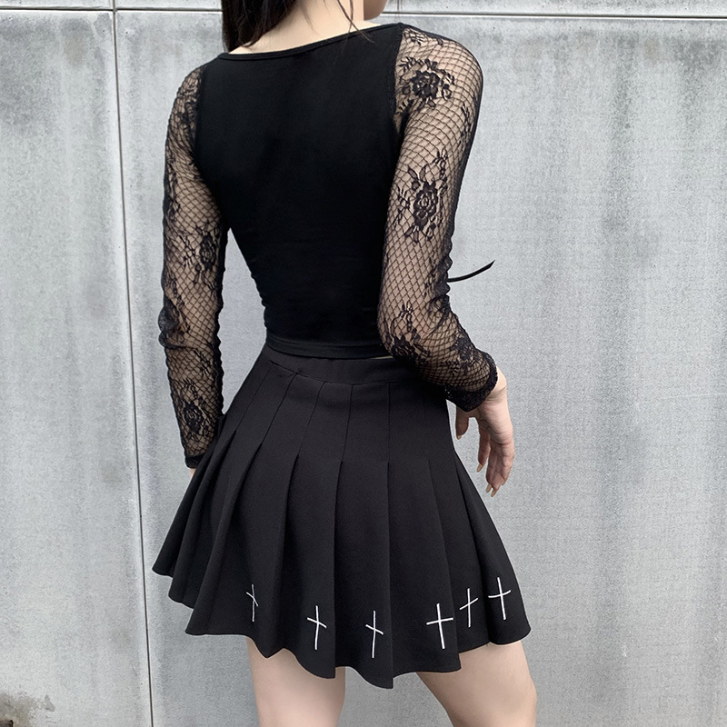 

Vintage Lace Splice Mesh Long Sleeve Crop Top Women Gothic Slim Solid Lace Up Tshirt Autumn Fashion Streetwear Tops, White