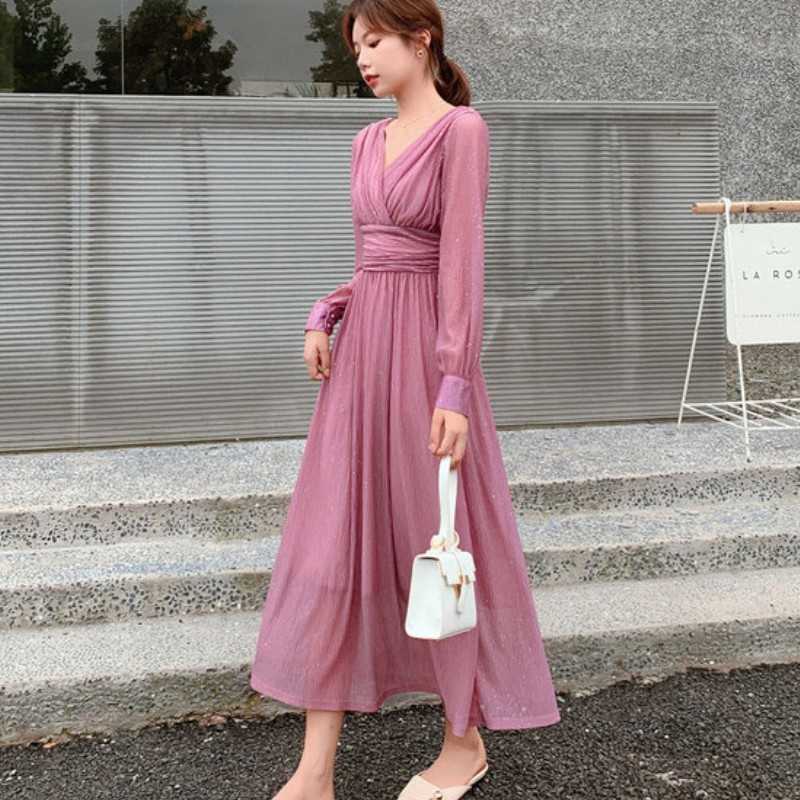 

Elegant Autumn Dress for Women Chic V-neck Pink High Waist Female fashion Vestidos femme 210526, Photo color