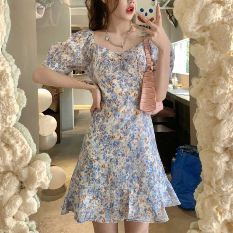 

Vintage Fairy Floral Dres French Square Collar Ruffles Design Mini Casual Sweet Kawaii Summer 210604, Yellow