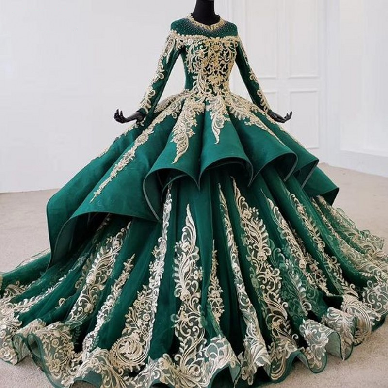 

Luxury Dubai Quinceanera Dresses Dark Green Sheer High Neck Long Sleeves Gold Lace Appliques Ball Gown Prom Dress Robe De Soiree, Chocolate