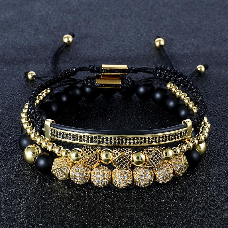 

Beaded, Strands Punk Men Jewelry Stainless Steel Gold Black Crystal Zirconia Paved Bangle Natural Stone Beaded Macrame Adjustable Bracelet S