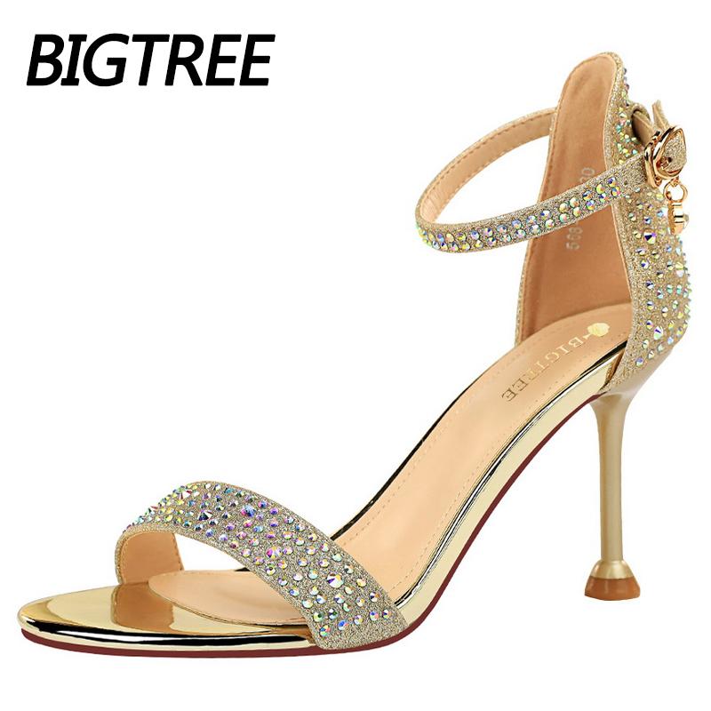 

Dress Shoes Sexy High Heels Open Toe Women Rhinestone Woman Pumps Gold Sliver Wedding Kitten Summer Sandals, Champagne