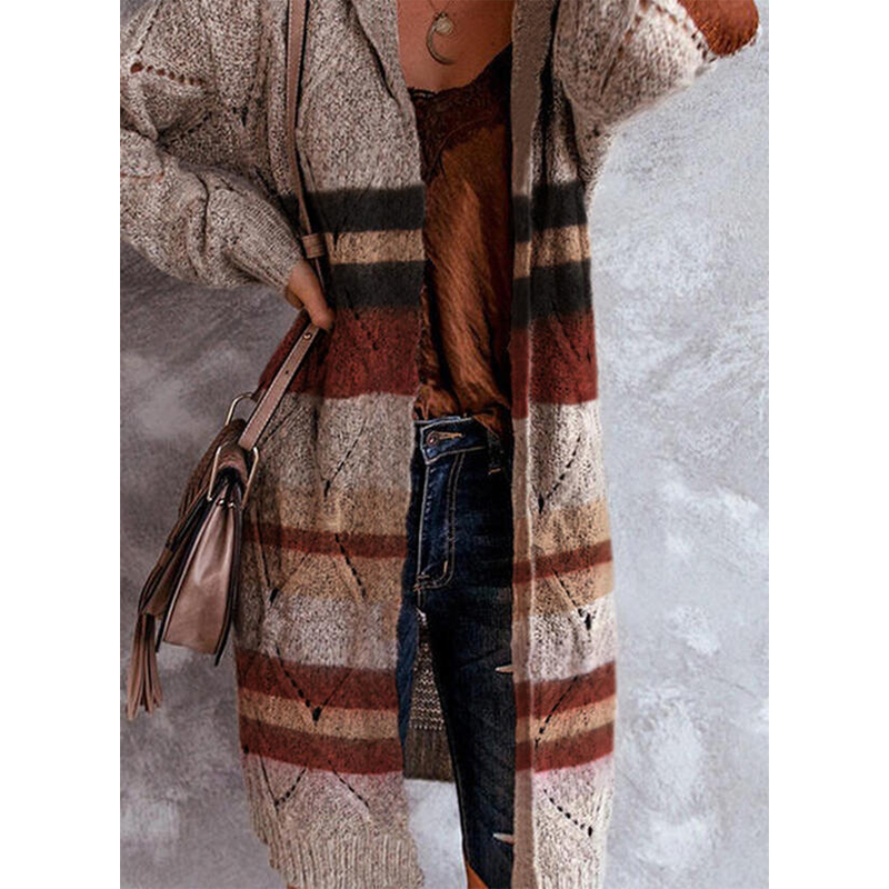

Women's Cardigan Knitted Striped Stylish Casual Soft Long Sleeve Sweater Cardigans Hooded Fall Winter Coffee, White;black