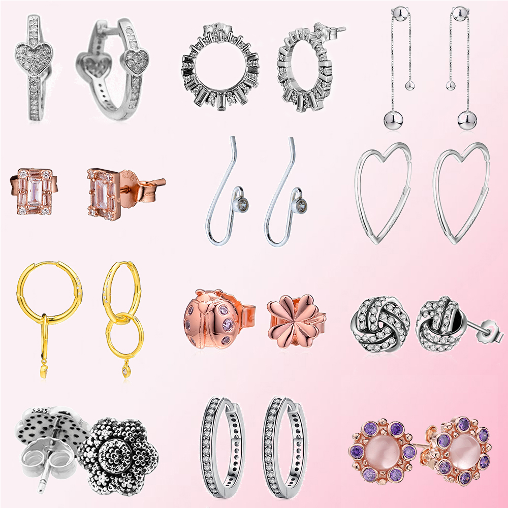 

2019 100% 925 Sterling Silver Classic Authentic New Combination Earrings Ladies Charm Fashion DIY Jewelry