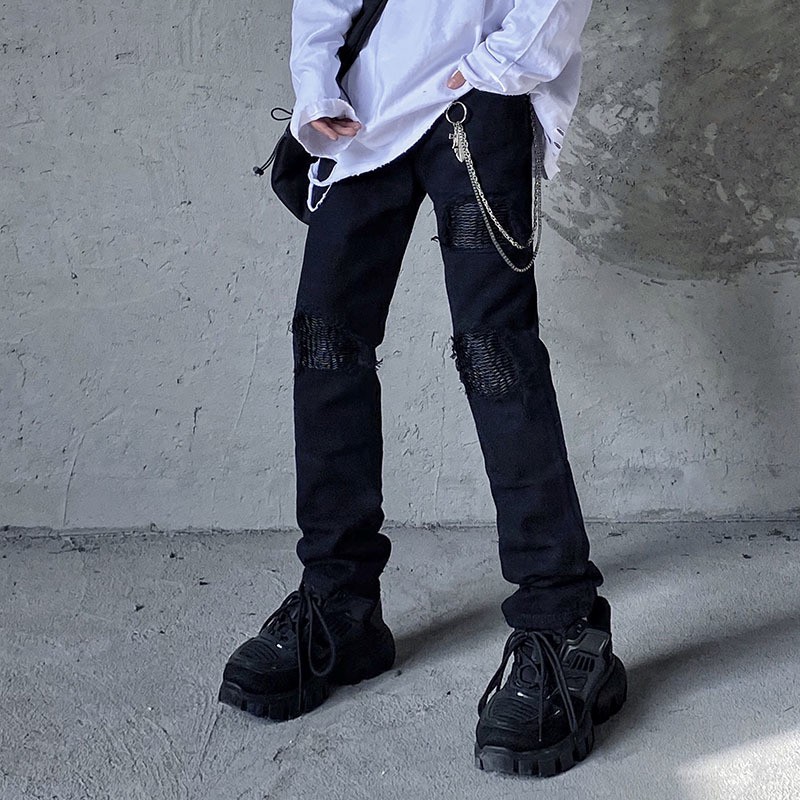

2021 New Harajuku Na Altura Do Joelho Buraco Preto Lavado Jeans Para Homens De Alta Rua Bolsos Em Linha Reta Solto Casual Calas Lpis Hip Hop, Black