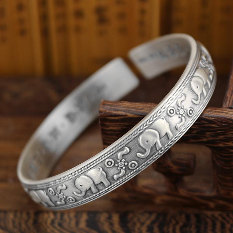 

Bangle Elephant Bracelet Big Heart Mantra Sterling Silver Auspicious Lucky Retro Opening Buddhist Scripture