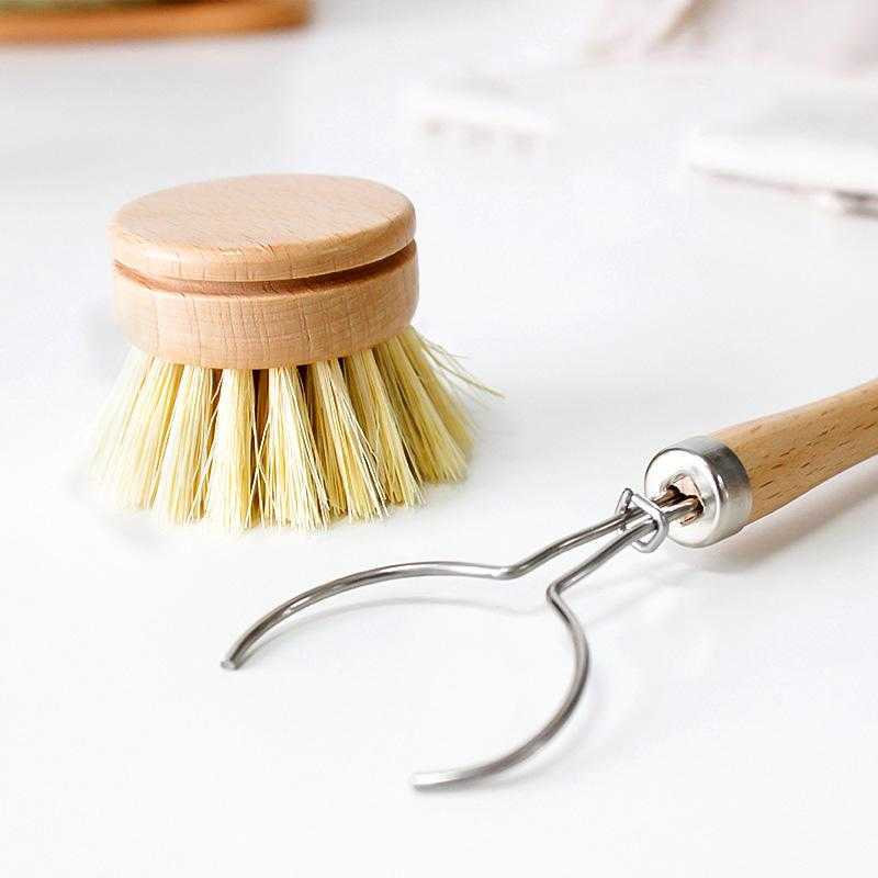 Natural Plant Silk Beech Wood Long Handle Brush Replaceable Pot brush Solid Wooden Handle Cleaning Brush