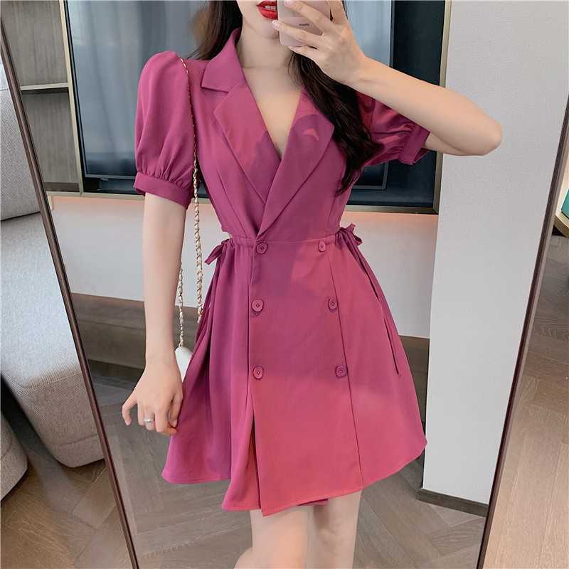 

Summer Korean Elegant For Women Double Breasted Puff Sleeve Sexy Hollow Out Waist Slim Blazer Dress Female 210526, Picture color