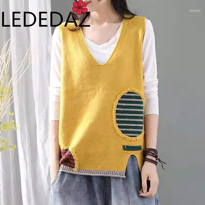 

Fashion Patch Designed Ladies Sleeveless V-Neck Knit Cotton Vest Soft & Warm Autumn Winter Vintage Striped Pullover 20211, Beige