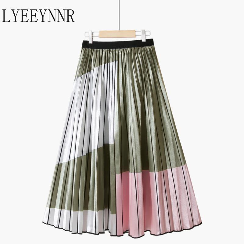 

Skirts LYEEYNNR Contrast Color Printed Vintage Skirt Women Stretch High Waist A Line Pleated Female Casual Retro Korean Faldas, Green white