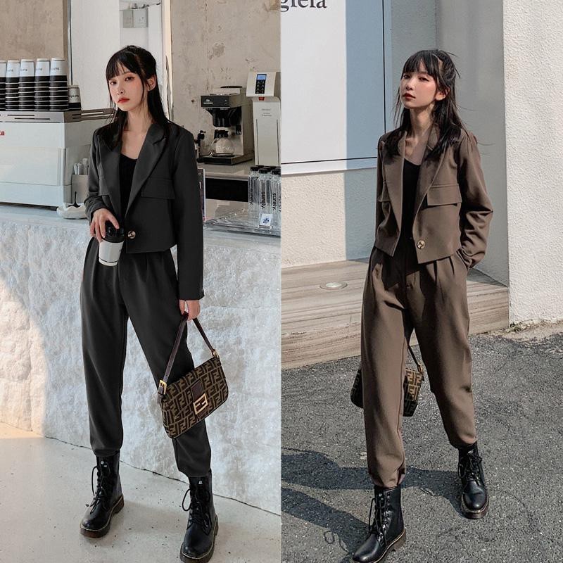 

2021 women trousers elegant clorhes autumn winter fashion work short jacket suit two piece set ogv2, White