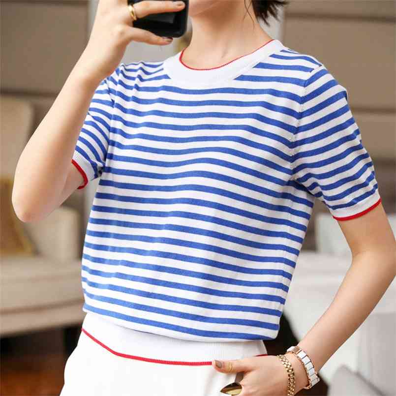 

OUMENGKA Women Summer Harajuku T-Shirts Thin Knitting Stripe O-Neck Tops Short Sleeve Stretchy Casual Blue Tee Femme 210708