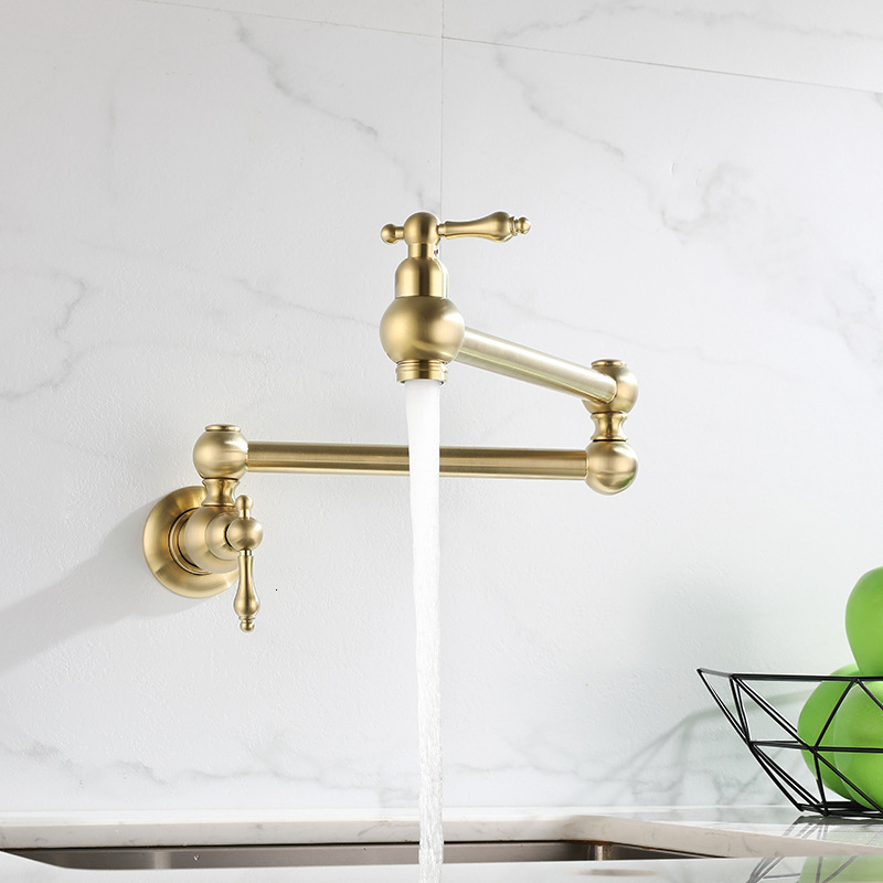

2021 New Pot Filler Wall Mounted Foldable Brushed Gold Kitchen Faucet Single Cold Sink Tap Rotate Folding Spout Chrome Brass 5wyr