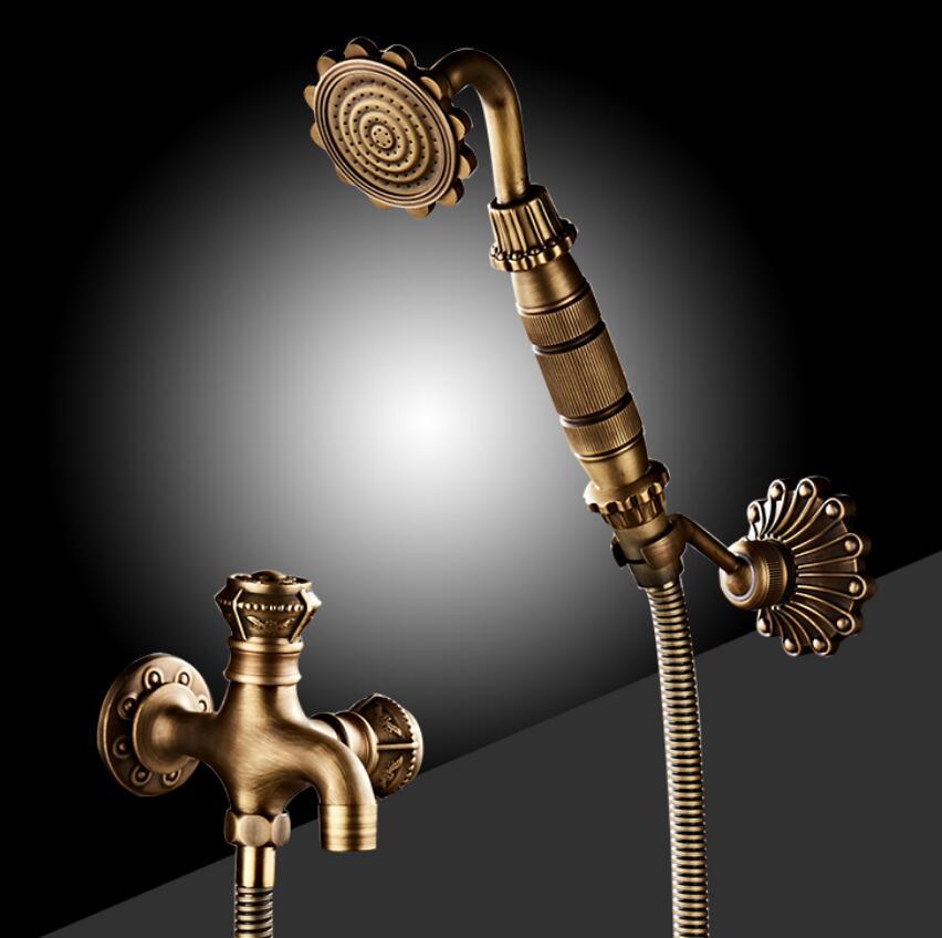 

2021 New Antique Brass Bidet Wall Mounted Carved Bathroom Toilet Washing Machine Faucet Cold Water with Hand Shower Bracket Dz55