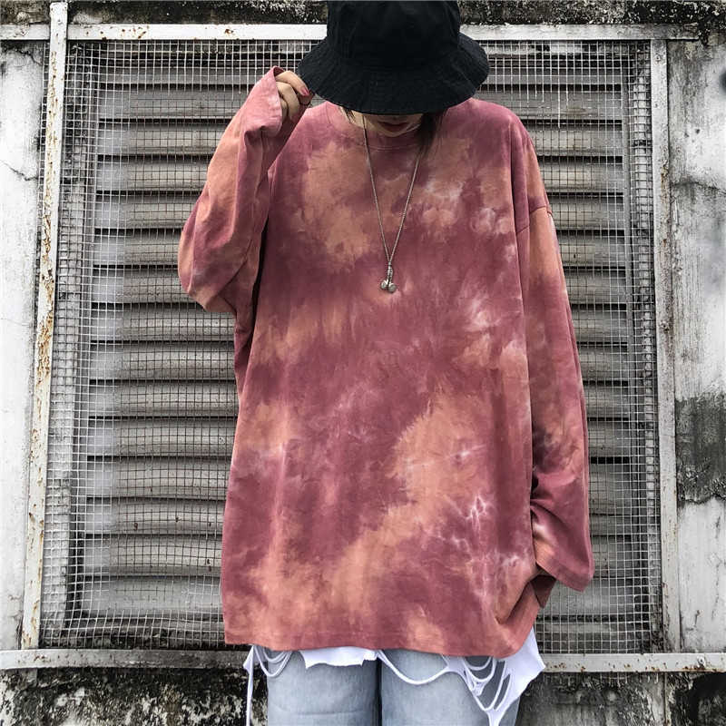 

Ins Harajuku street hip hop vintage chic tie dye long-sleeved T-shirt female Korean fashion loose O-neck casual 210608, Red