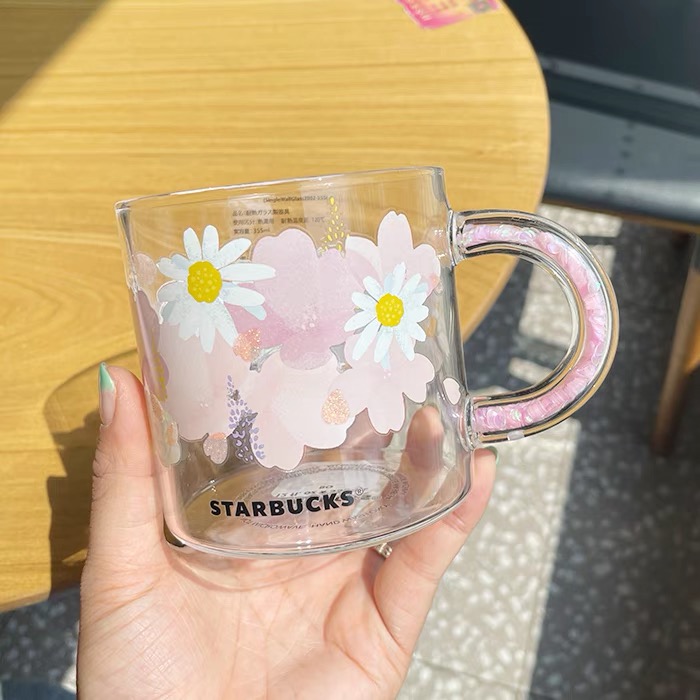 

The latest 12OZ Starbucks glass coffee mug, cute daisy dazzling pink sequin style water cup, packaged in a separate box, Write color after purchase