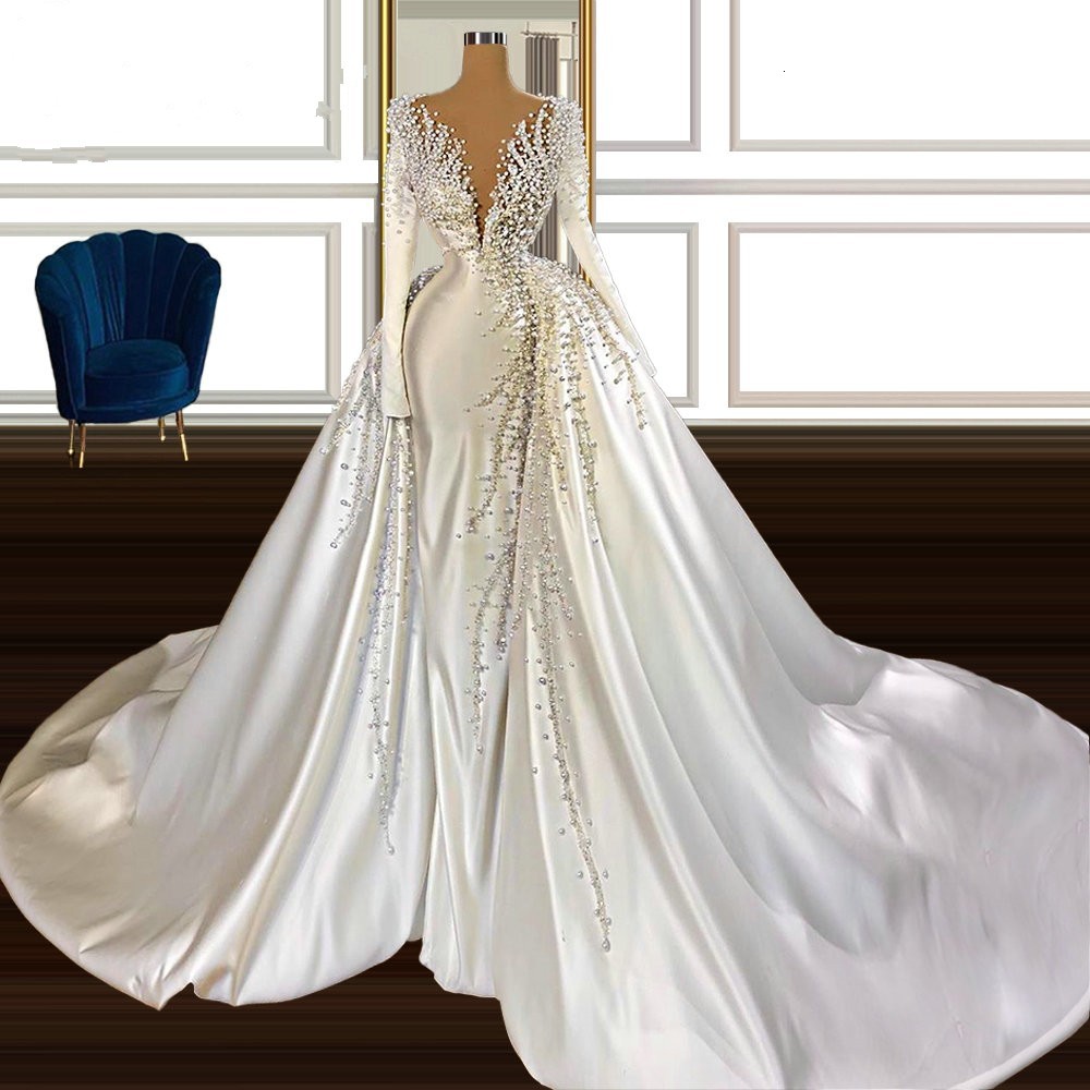 

New Vintage Arabic Dubai Long Sleeve Mermaid Wedding Es 2021 v Neck Pearls Satin Bridal Gowns Custom Made Robes De Marie Jtlk, Champagne